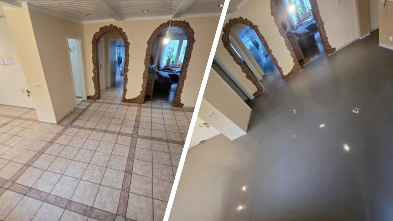 Bodenbeschichtung Wohnraum - Erneuerung des Bodenbelags mit fugenloser Beschichtung in einem Wohnzimmer und Flur.